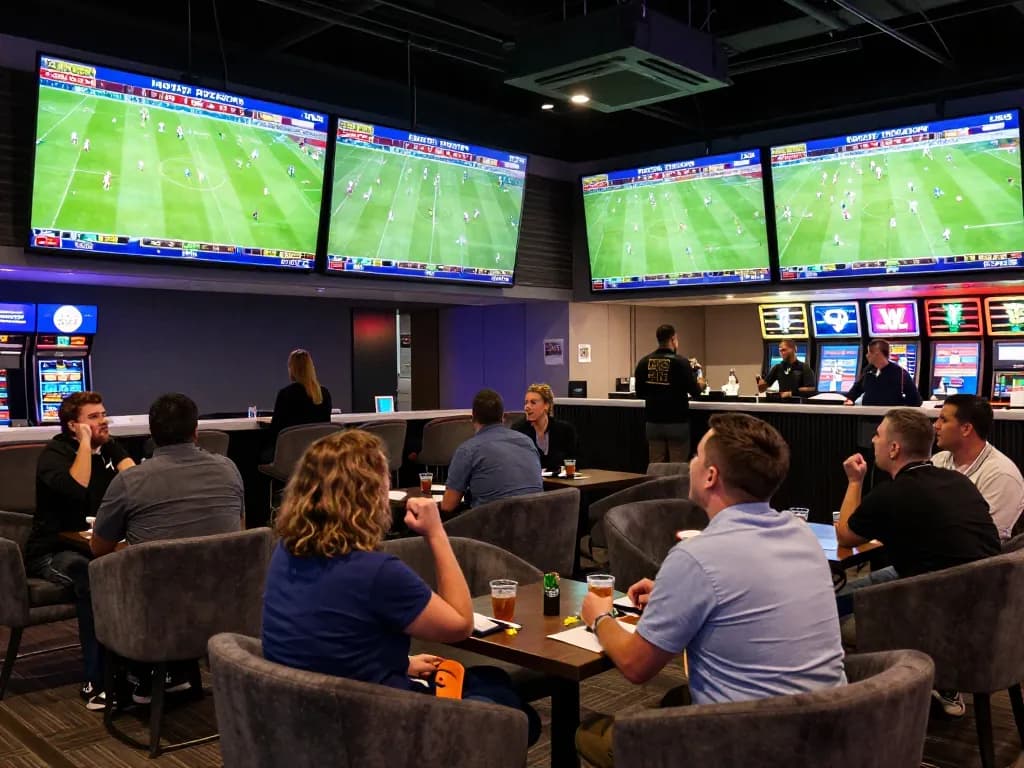 Fans celebrating kqbd victories while placing bets in a vibrant sports betting lounge.