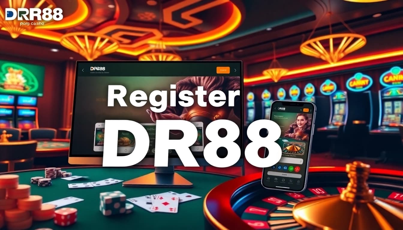 Register DR88 interface featuring casino tables and colorful slot machines for an engaging gaming experience.