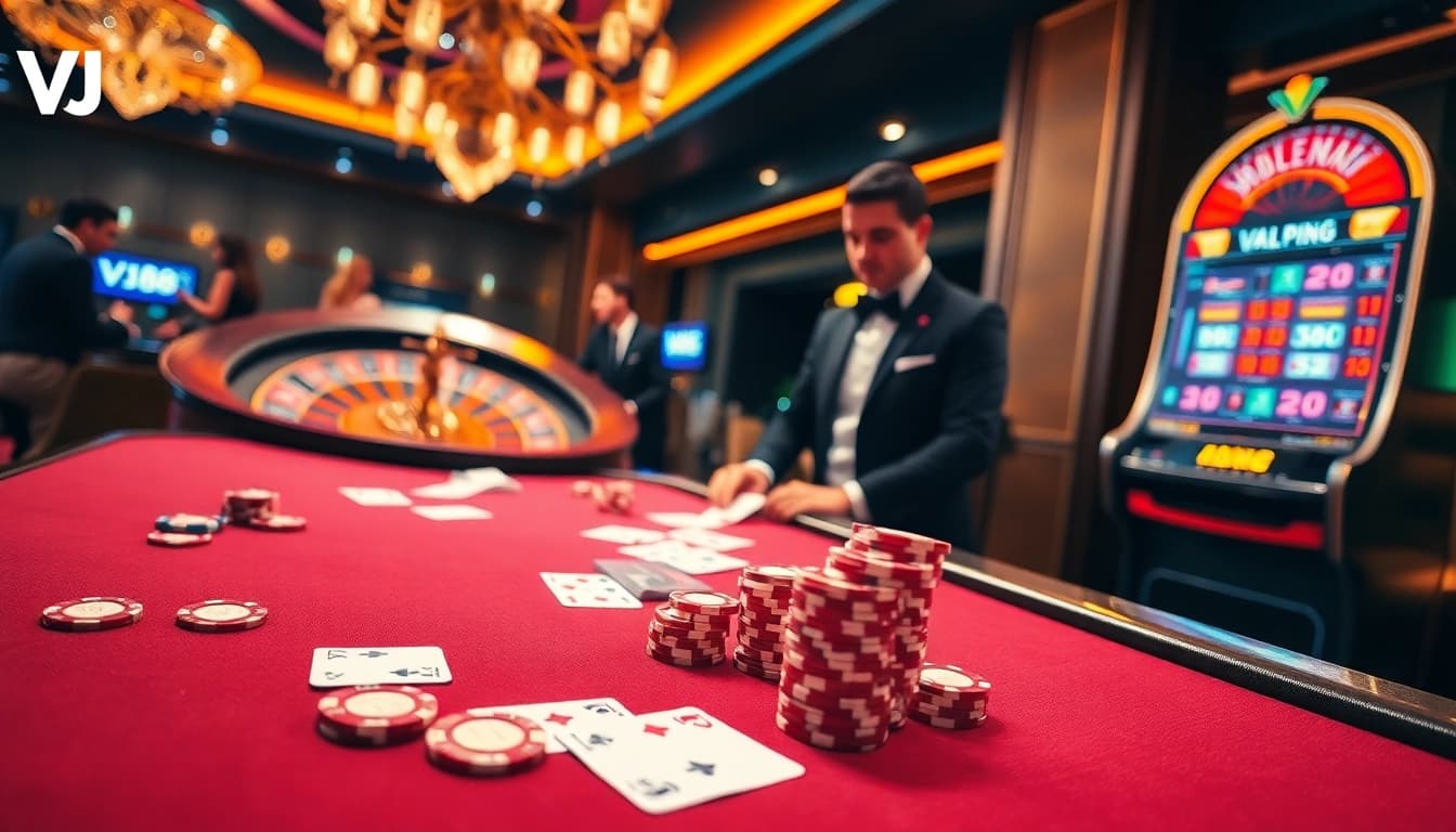 Experience exhilarating gameplay at VJ88 with vibrant poker chips and cards on a luxurious casino table.