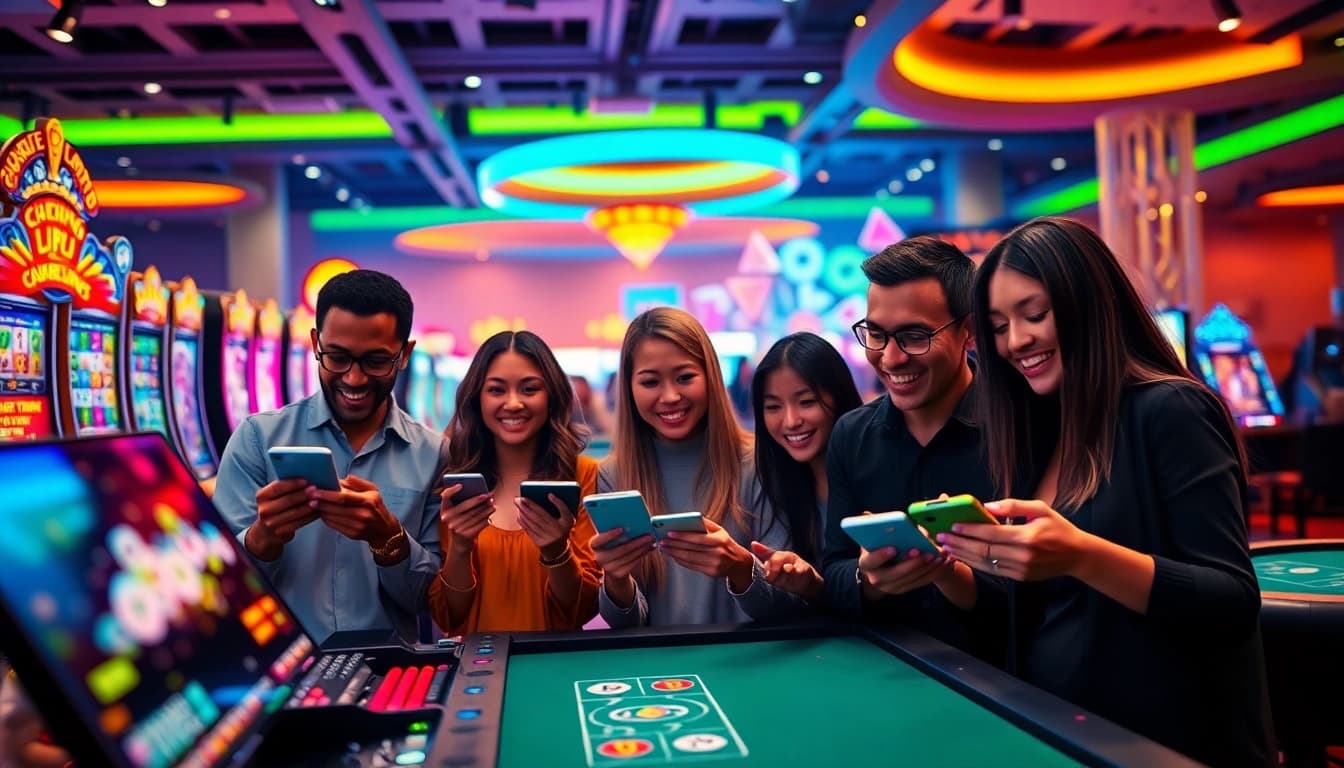 Exciting scene depicting online betting at go8, showcasing vibrant casino games and happy players.