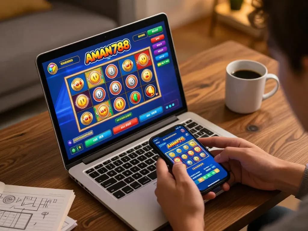 Memainkan slot online aman788 yang menampilkan fitur permainan menarik di laptop dalam suasana rumah yang nyaman