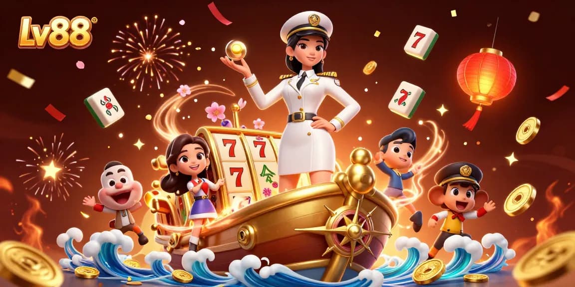 Experience the thrilling vibes of Lv88 with vibrant casino elements and an elegant woman in a naval officer outfit.