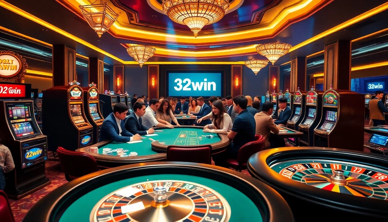 Experience the thrill of 32win with vibrant casino games and engaging players at luxurious tables.