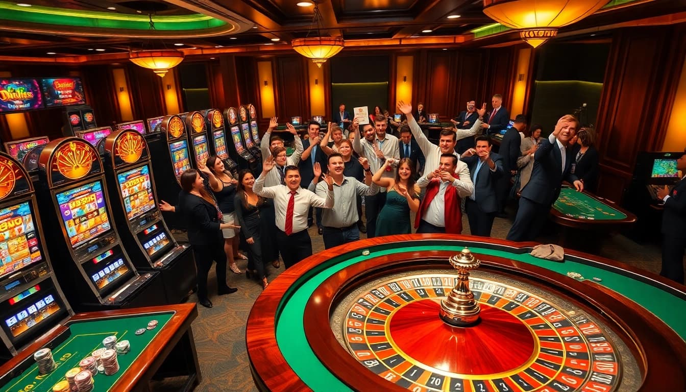 Experience the excitement of k9k9 casino with vibrant slot machines and eager players celebrating wins.