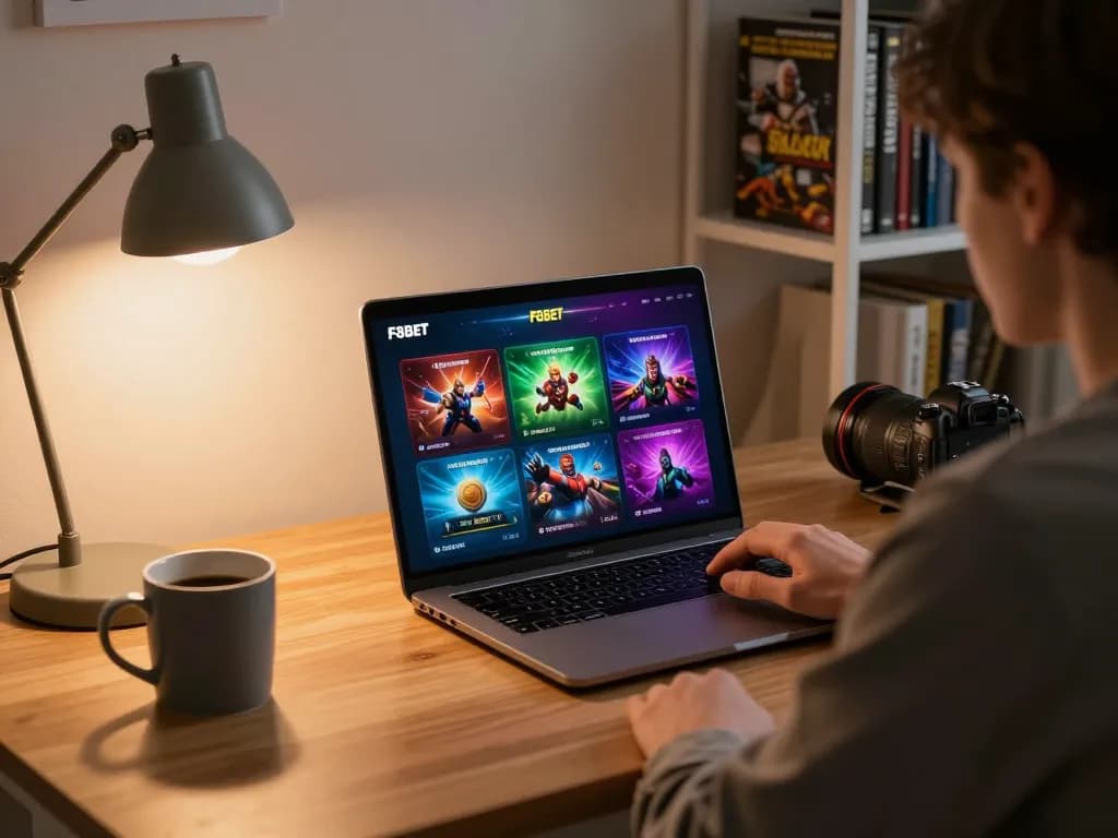 Person engaging with F8BET online casino on laptop, creating a strategic gaming environment.