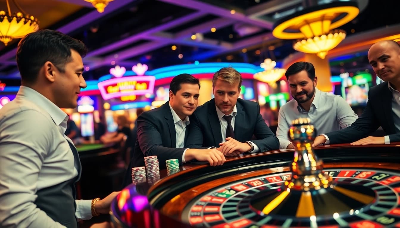 Experience thrilling casino action with e2bet at an exciting roulette table, highlighting players’ intense focus.