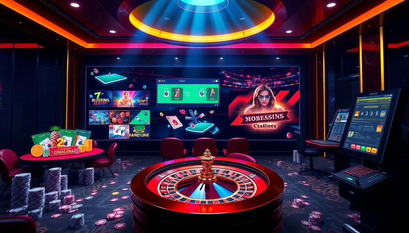 Experience thrilling gambling action at https://33win68.io/ with vibrant casino visuals including roulette wheels and poker chips.