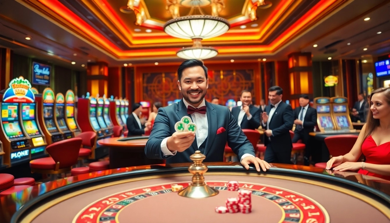 Experience the excitement of rr88 with a vibrant casino scene showcasing thrilling games and players celebrating wins.
