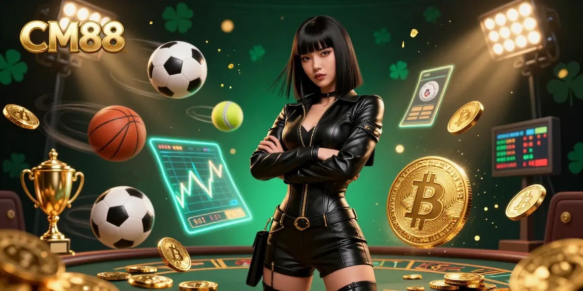 Experience the excitement of CM88 with a powerful Asian woman in a futuristic casino setting, surrounded by dynamic gaming elements.