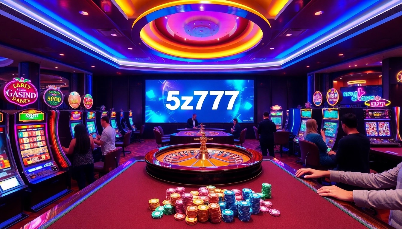 Players engaging with slot machines and roulette at the vibrant 5z777 casino.