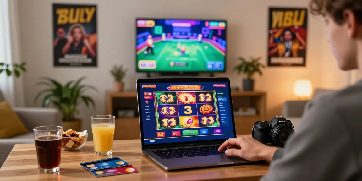Player exploring credit card deposit casinos at home with gaming laptop and snacks, showcasing vibrant online gaming experience.