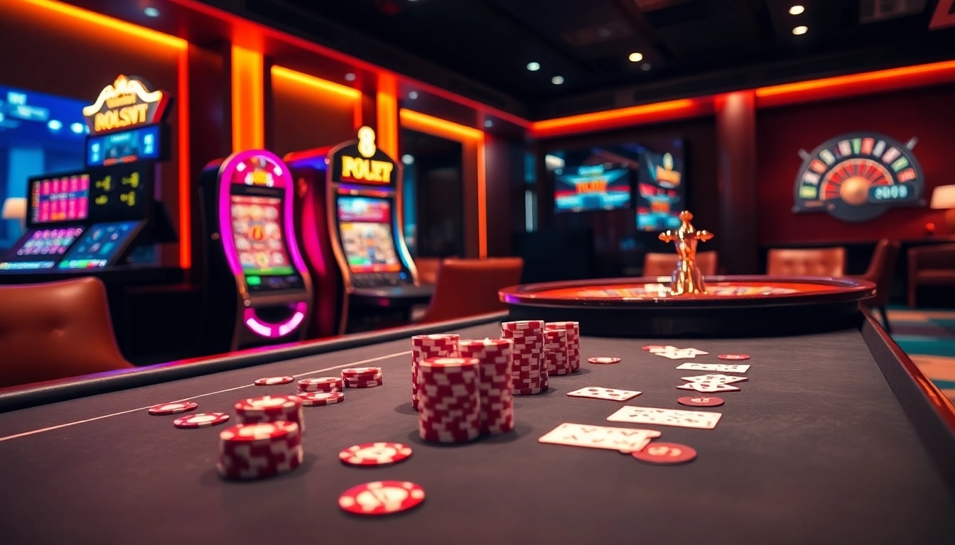 S8 nhà cái showcasing vibrant slot machines and a thrilling poker game atmosphere.