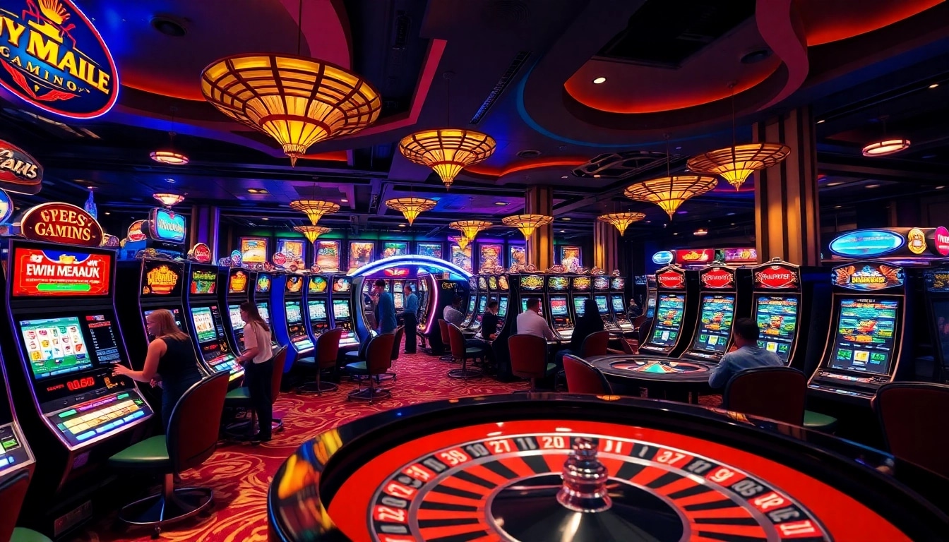 Players enjoying the thrilling slot machines at OK789 casino, surrounded by vibrant lights.