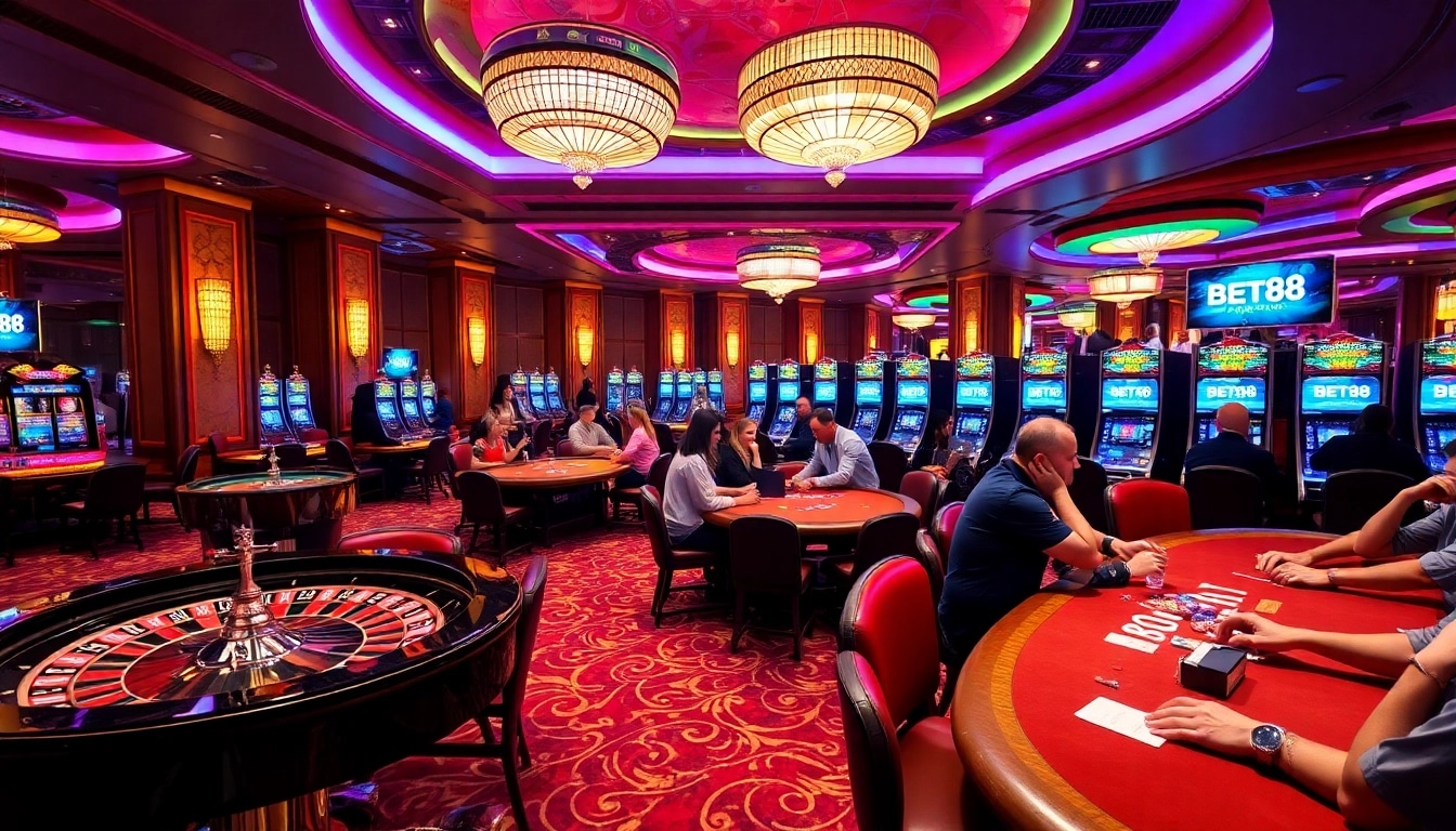 Players enjoying an engaging casino experience with BET88 branding and vibrant gaming elements.