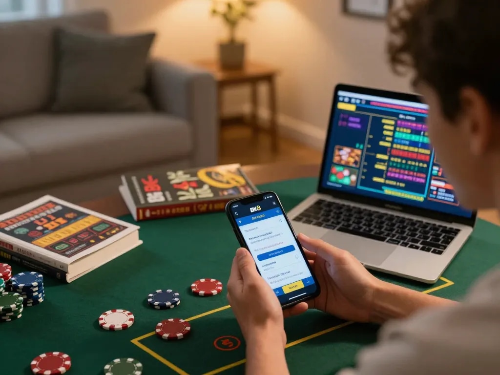 Player engaging with the BK8 app for online gambling on a smartphone in a cozy home setting.