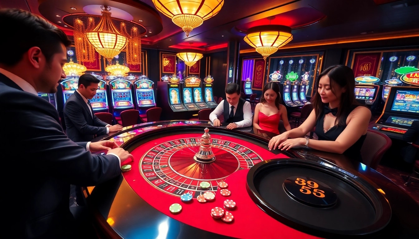 MM88 casino scene showcasing players engaged at a roulette table, capturing excitement and strategy.