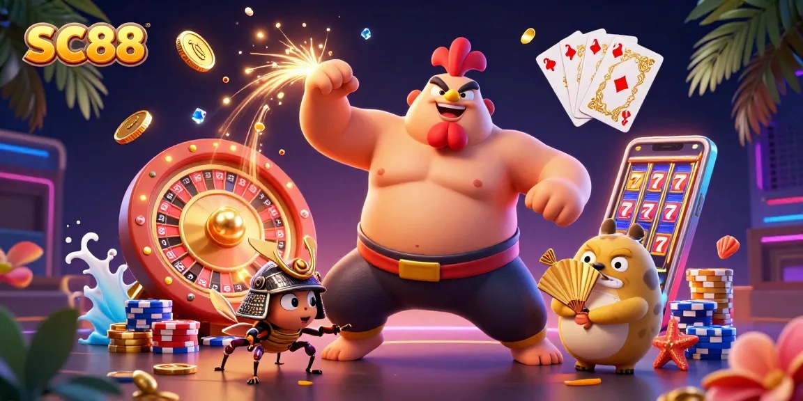 Experience thrilling moments at SC88 with a powerful sumo wrestler, fierce cricket, and vibrant casino elements.