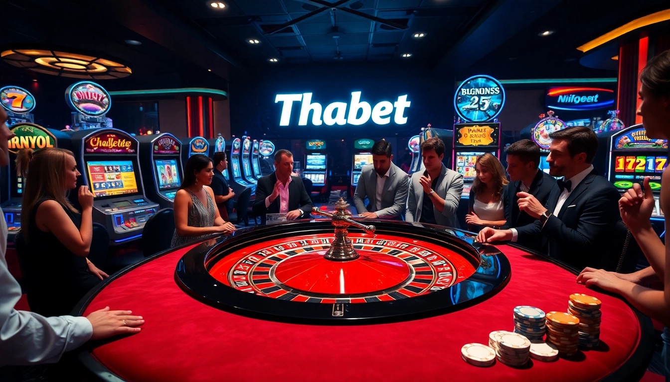 Thrilling gamblers playing at Thabet's luxurious casino with roulette and slot machines.