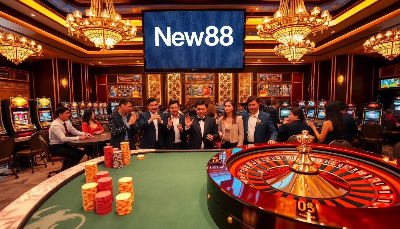 Excited players enjoying a luxurious casino experience at New88, featuring poker and roulette tables.