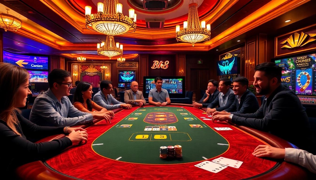 Players enjoying a vibrant BK8 casino experience at a professional gaming table with chips and cards.
