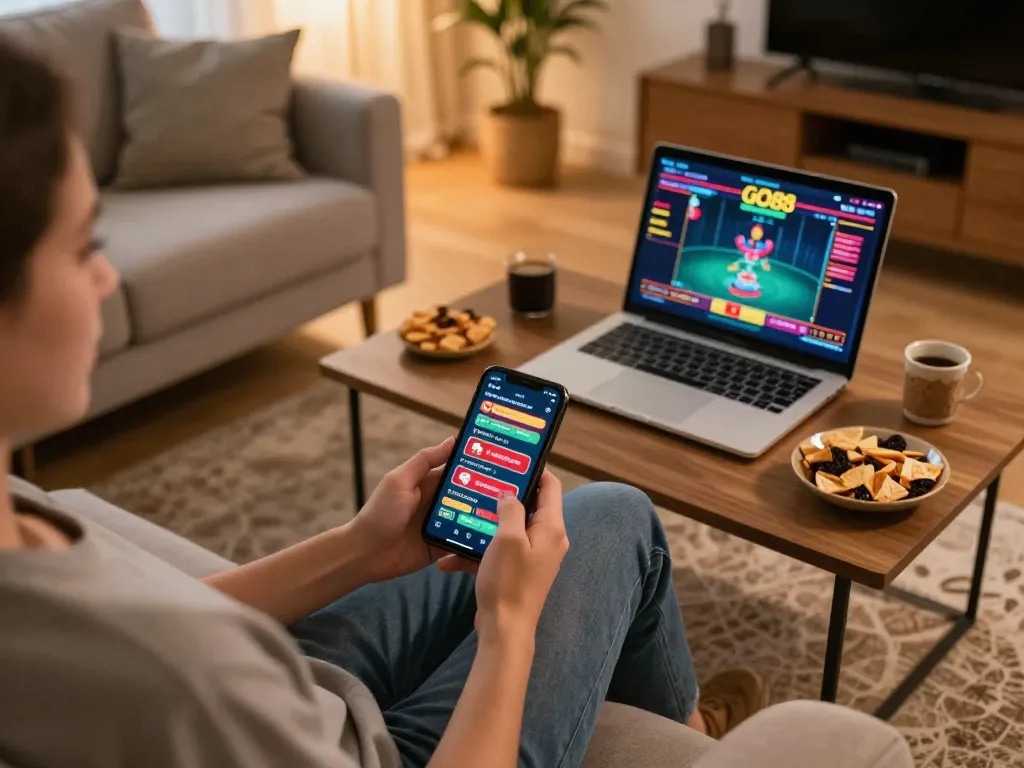 Engaged player using GO88 app on smartphone amidst a cozy home gaming setup.