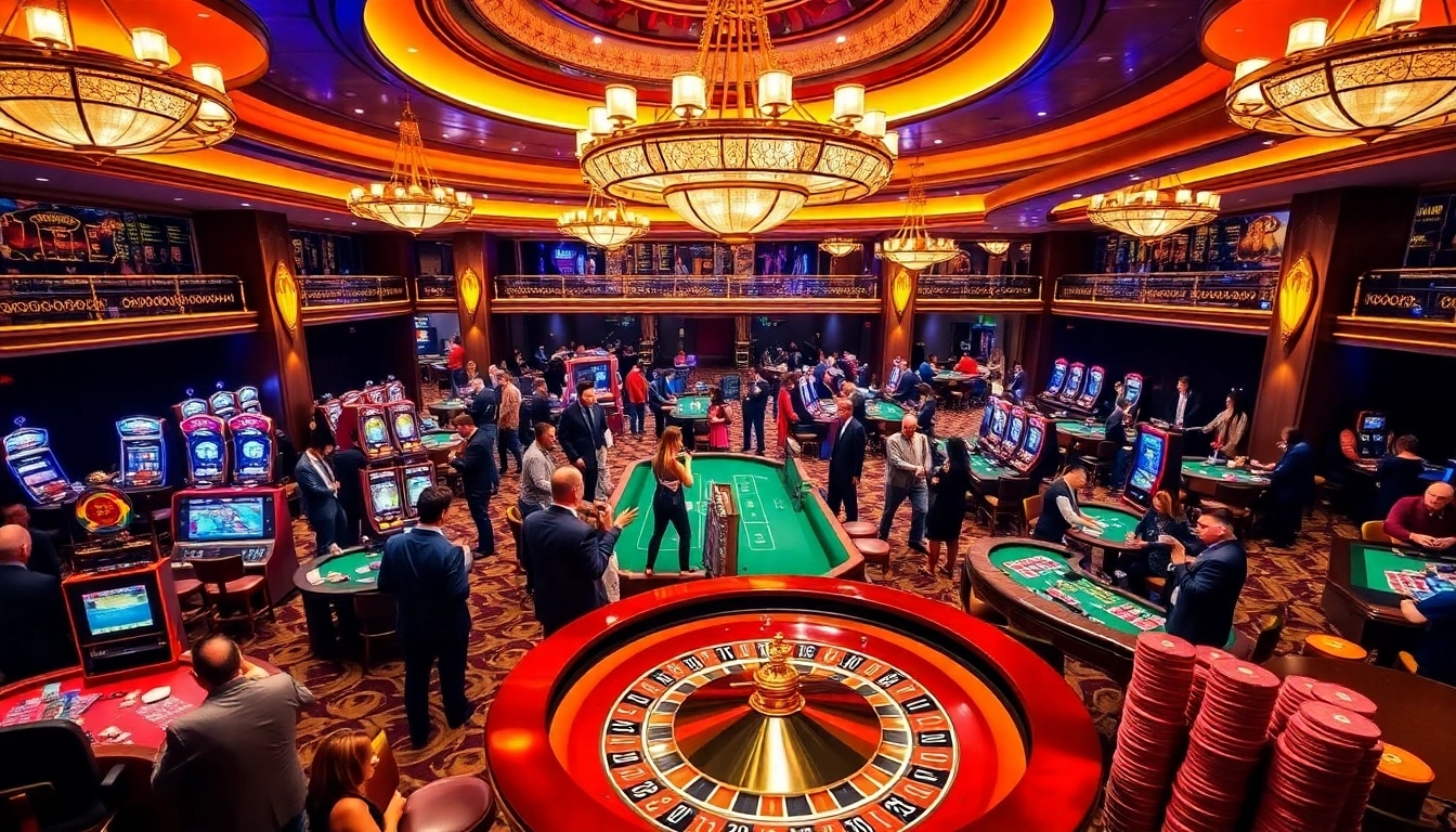 Topclub gamblers enjoying a vibrant casino atmosphere with poker tables and roulette wheels.