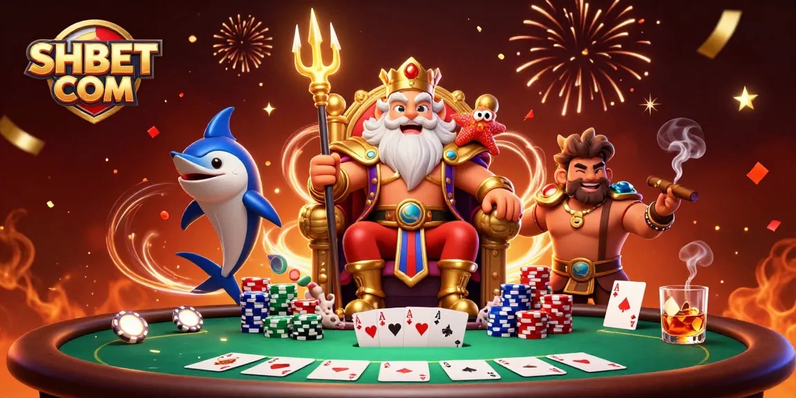 Bet on SHBET COM with Neptune and friends in this vibrant casino-themed illustration.