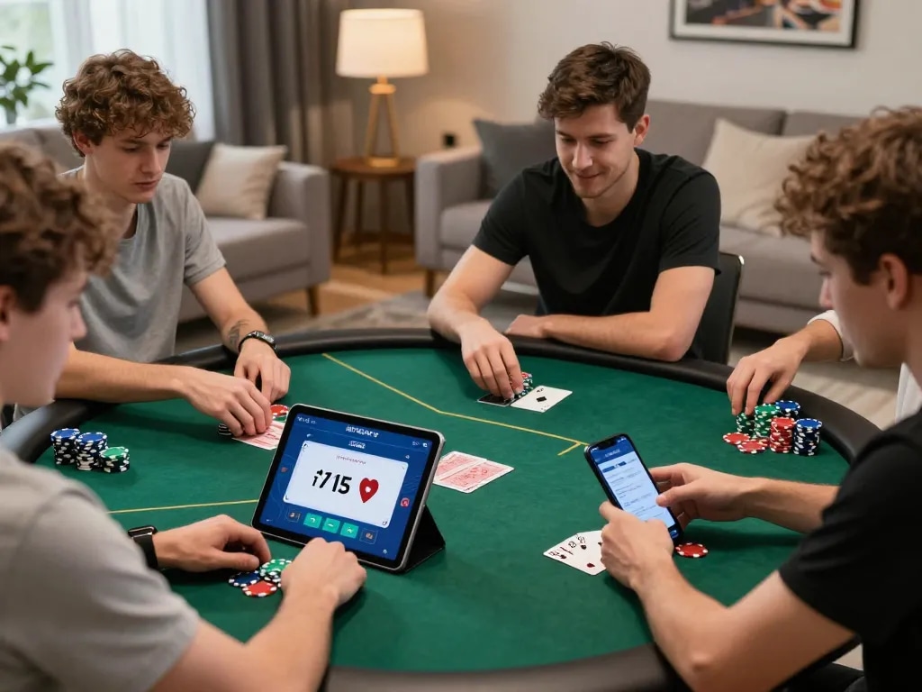 Exciting online poker action on digitalgamesprices.com/xboxone.html with players using MPOSPORT app in a cozy living room.