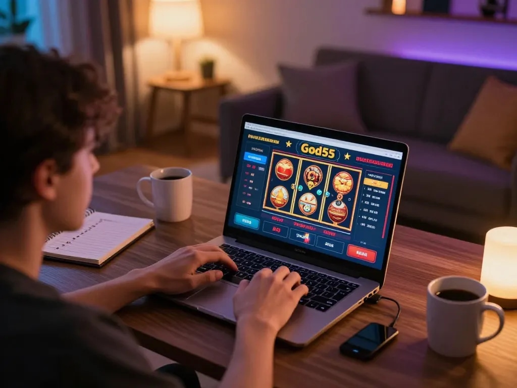 Player engaging with God55 online casino on a laptop while using strategy notes in a cozy setup