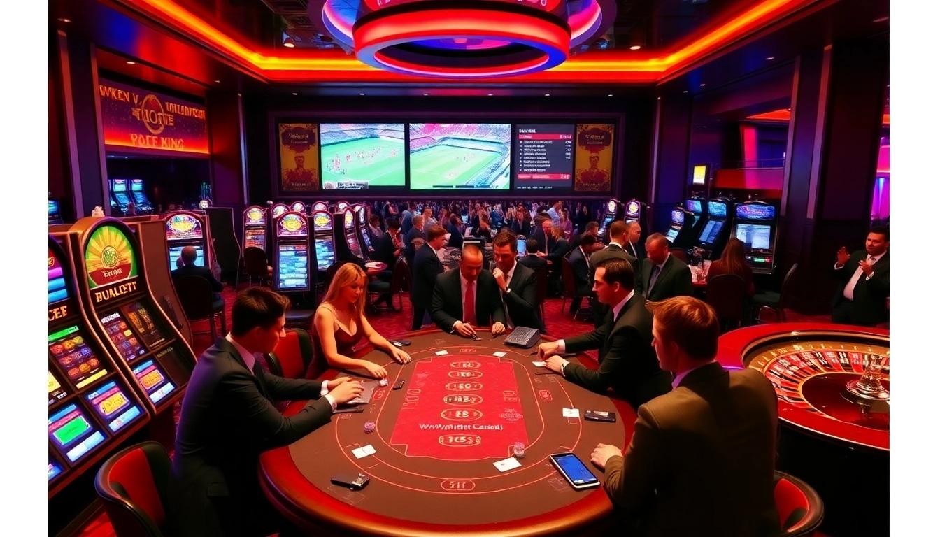 Experience thrilling แทงบอล betting at a luxurious casino, with high-stakes action at poker tables.
