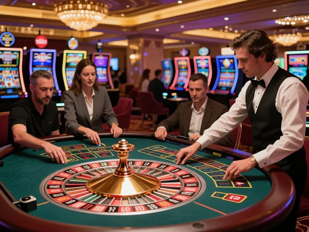 Experience the excitement of live gaming at trang chủ ok365 with players at roulette table.