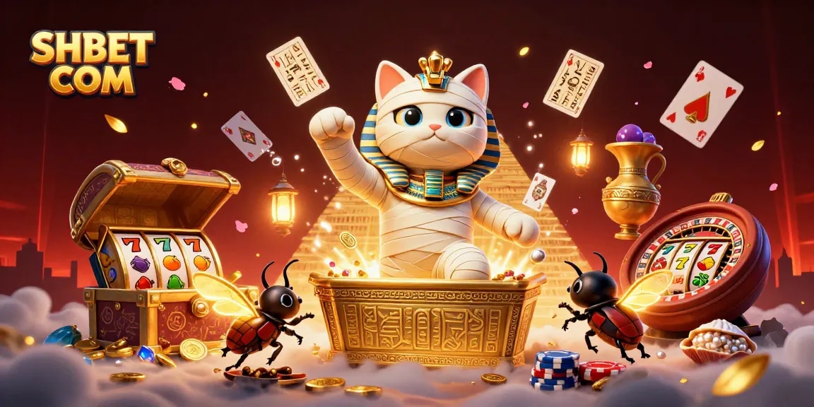 Experience exciting gaming at SHBET COM with Egyptian-themed characters and dynamic casino elements.