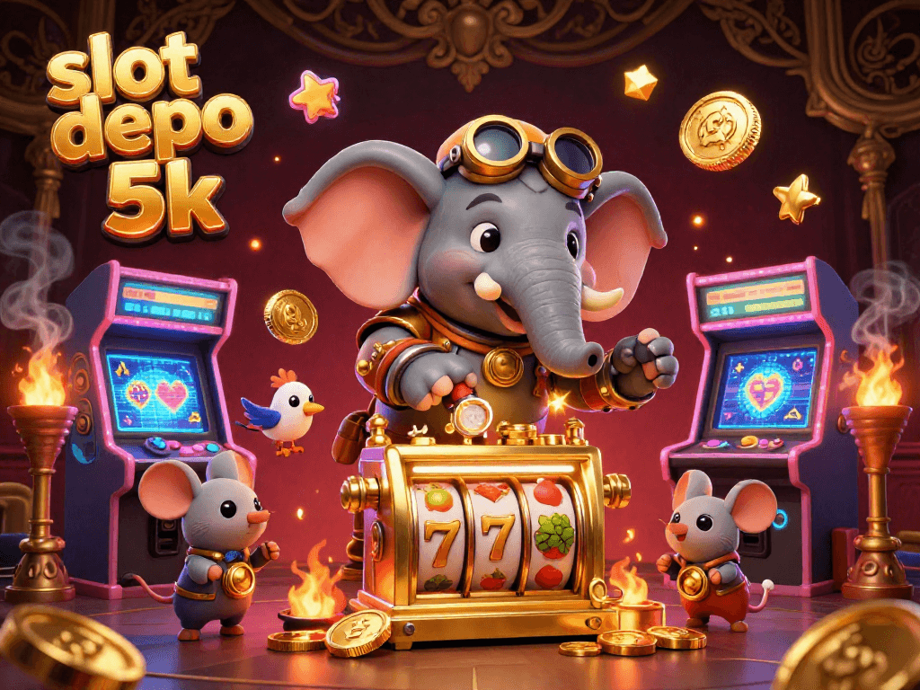 Engage with slot depo 5k as the cartoon steampunk elephant operates a golden slot machine amidst colorful game elements.