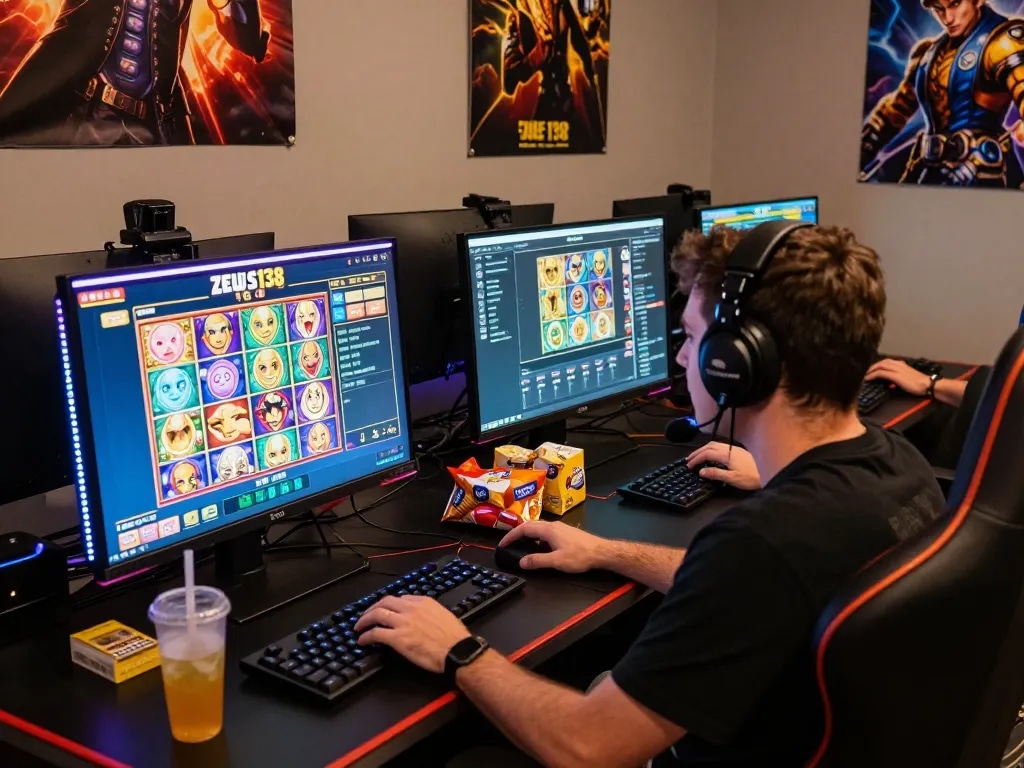 Player enjoying zeus138 online slots in a vibrant gaming room.