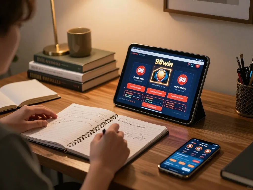 Engaging in online gambling with the 98win casino app in a cozy home setup, showcasing strategic notes.