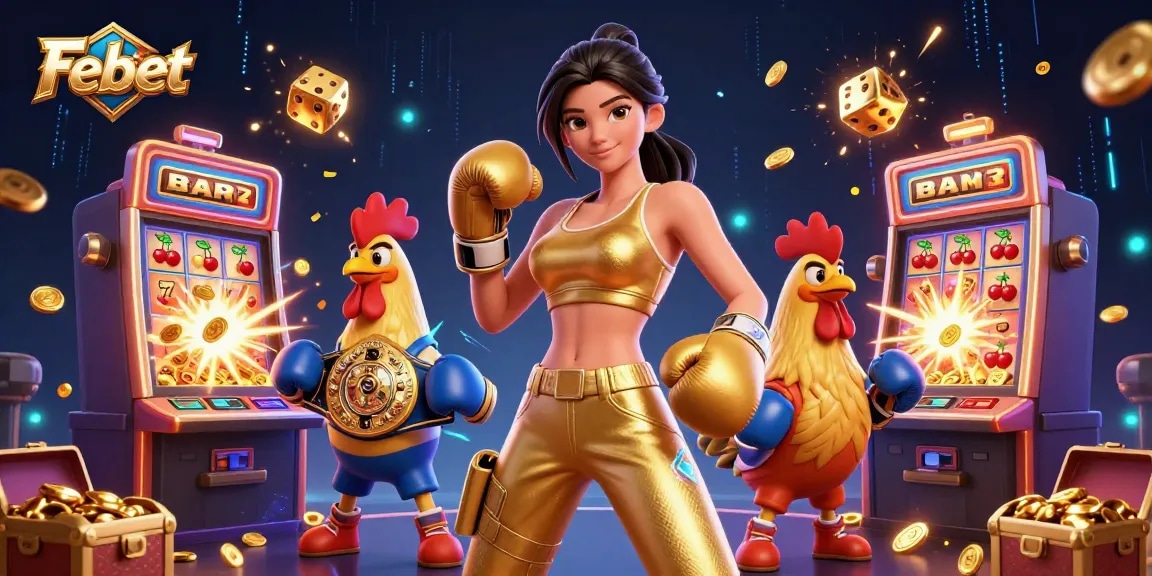 Febet showcases vibrant casino excitement with a powerful woman and cartoon rooster amidst jackpot thrills.