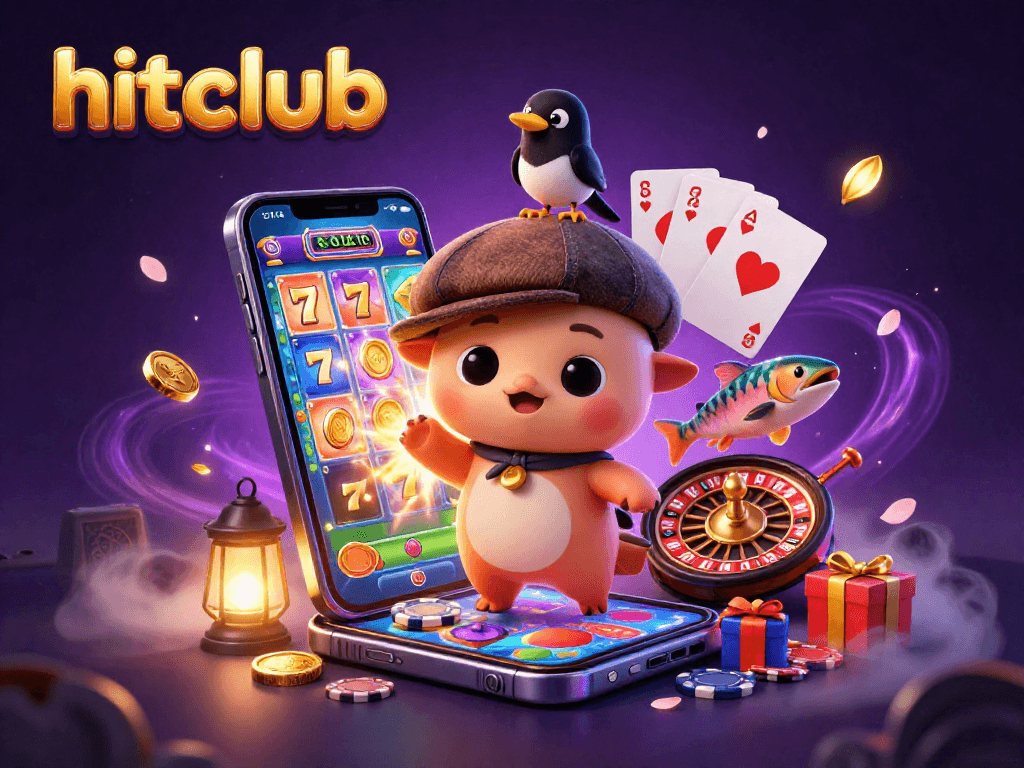 Experience thrilling wins at hitclub with a playful baby Nessie, gaming elements, and vibrant casino visuals.
