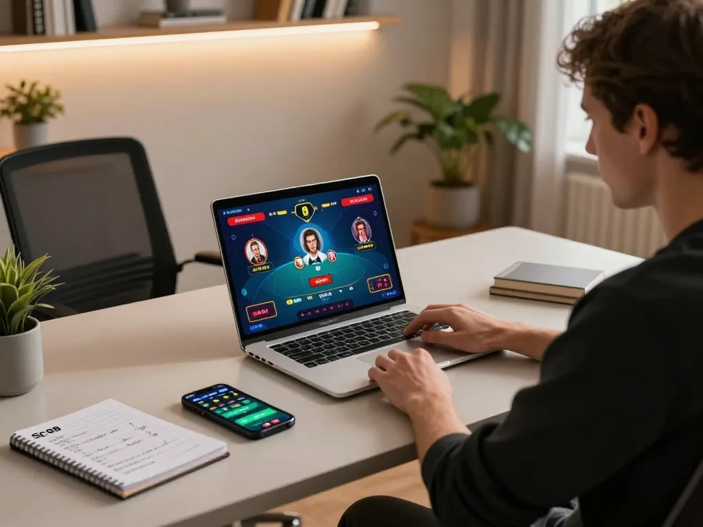 Player analyzing poker strategies at home using the sc88 platform for online gambling.