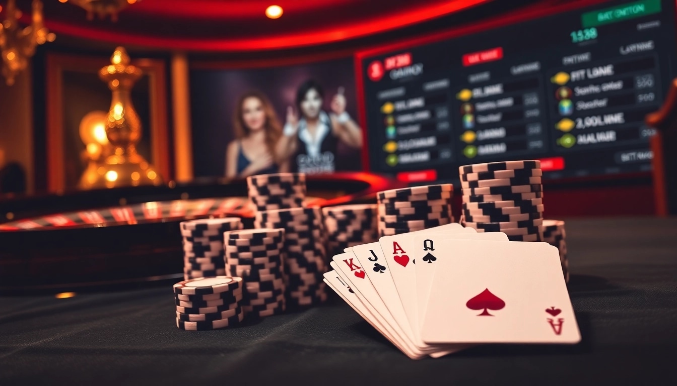 Experience the thrill of BJ388 with poker chips and a roulette wheel in a luxurious casino setting.