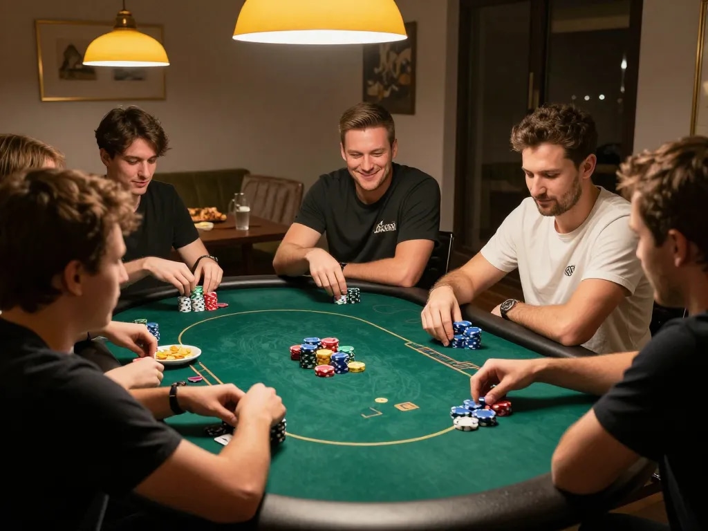 Engaged players experience Texas Hold'em in a lively Bl555 poker night setting with friends.