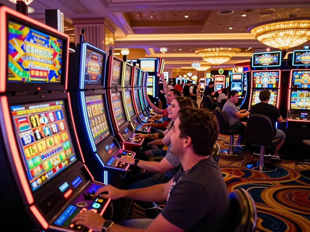 Players engaging with colorful link slot machines, celebrating wins in a Las Vegas casino.