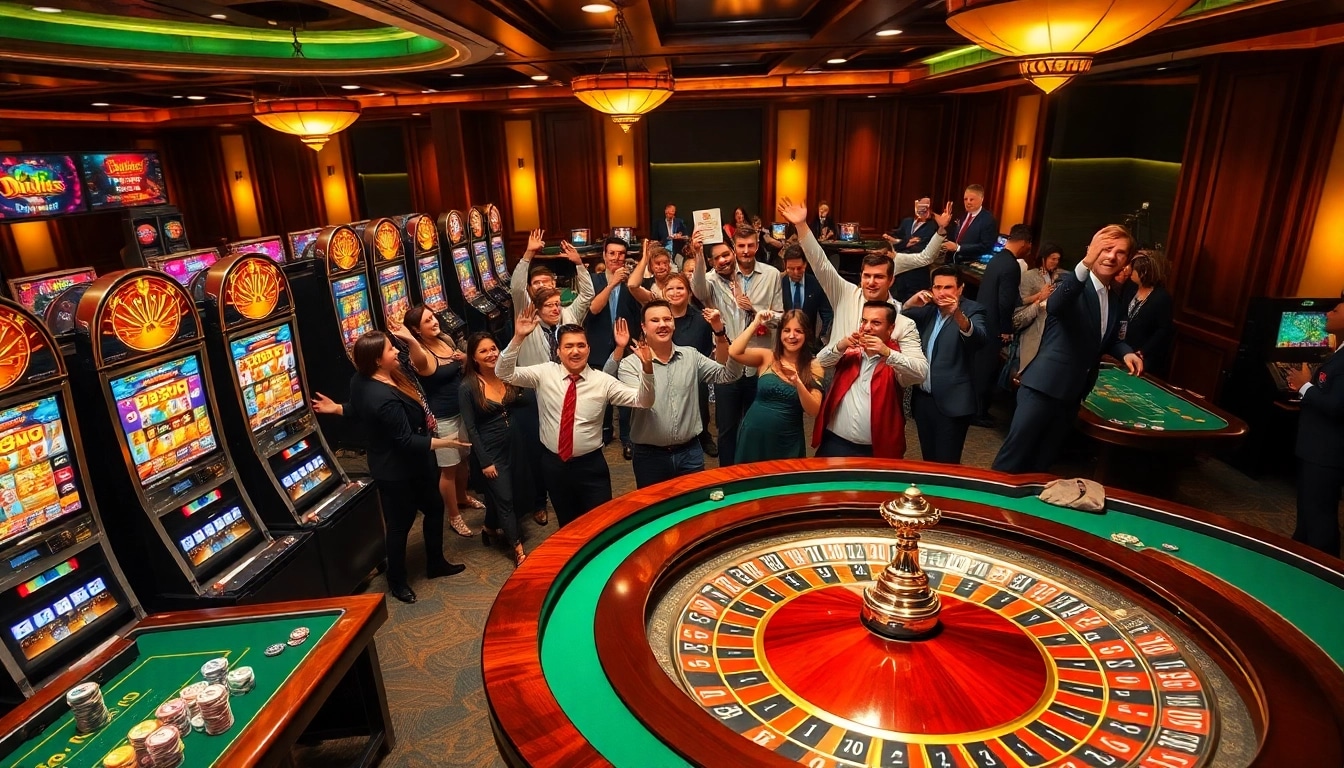 Experience the excitement of k9k9 casino with vibrant slot machines and eager players celebrating wins.