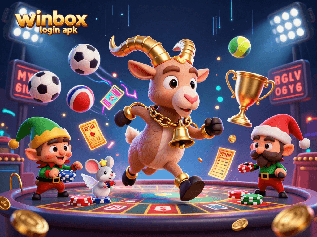 Experience winbox login apk with festive characters in a vibrant, animated casino scene!