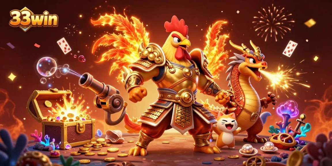 Engage in epic battles with the 33win fighting rooster, dragon, and fortune cat among dazzling treasures.