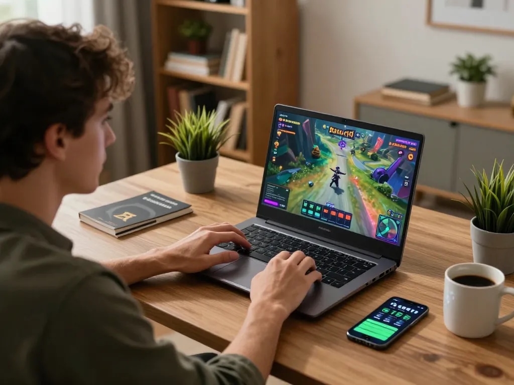 Engaging in thrilling Ratu4d gameplay on laptop in cozy home setup with betting app.