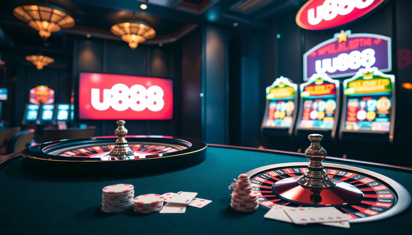 Engage in thrilling games at u888's sophisticated online casino with vibrant slot machines and an exciting poker table.