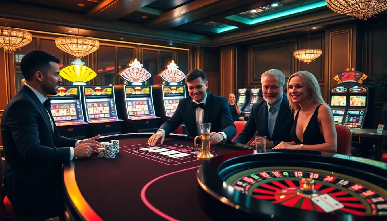 Players enjoying a glamorous casino atmosphere while experiencing 32win's exciting gambling options.