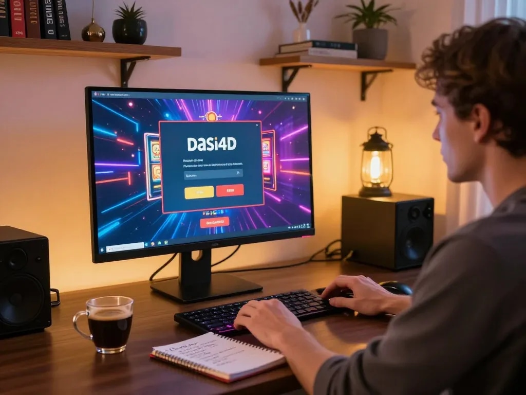 Terlibat dalam permainan kasino online dengan login dasi4d di pengaturan desktop yang cerah, menampilkan catatan strategi.
