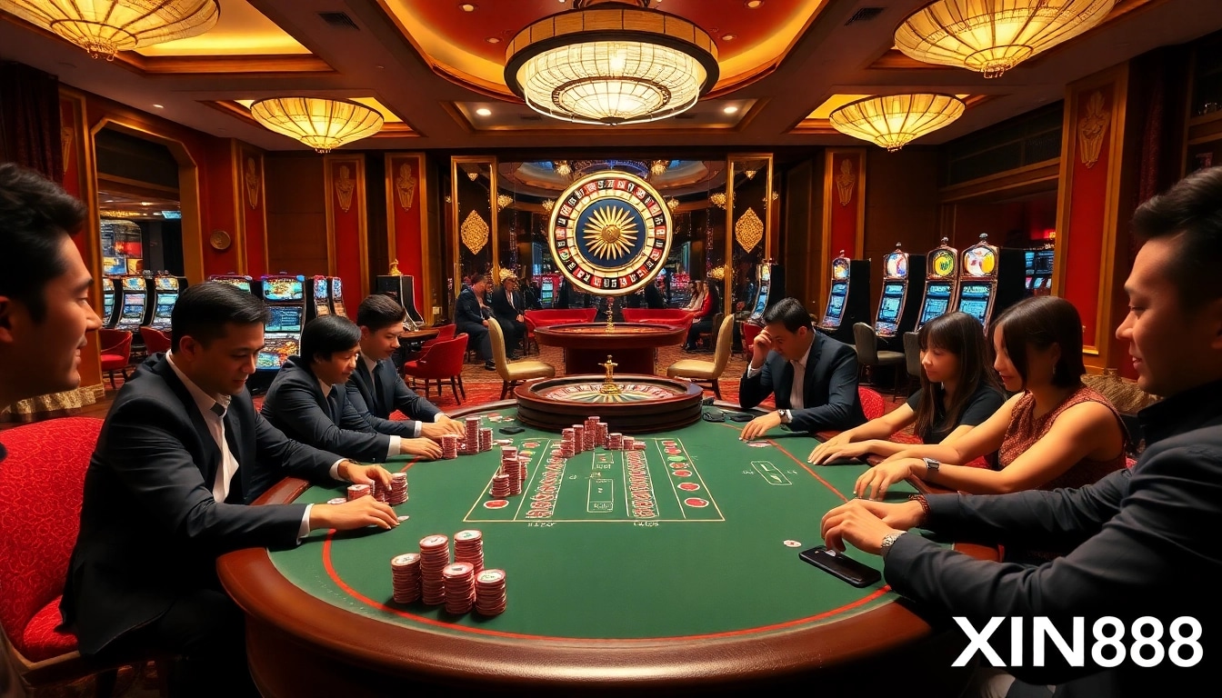 XIN88 poker players engaged in high-stakes excitement at a vibrant casino table.