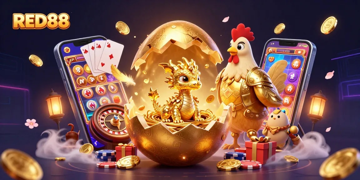 Experience the excitement of RED88 casino gaming with golden dragon and interactive slot elements.